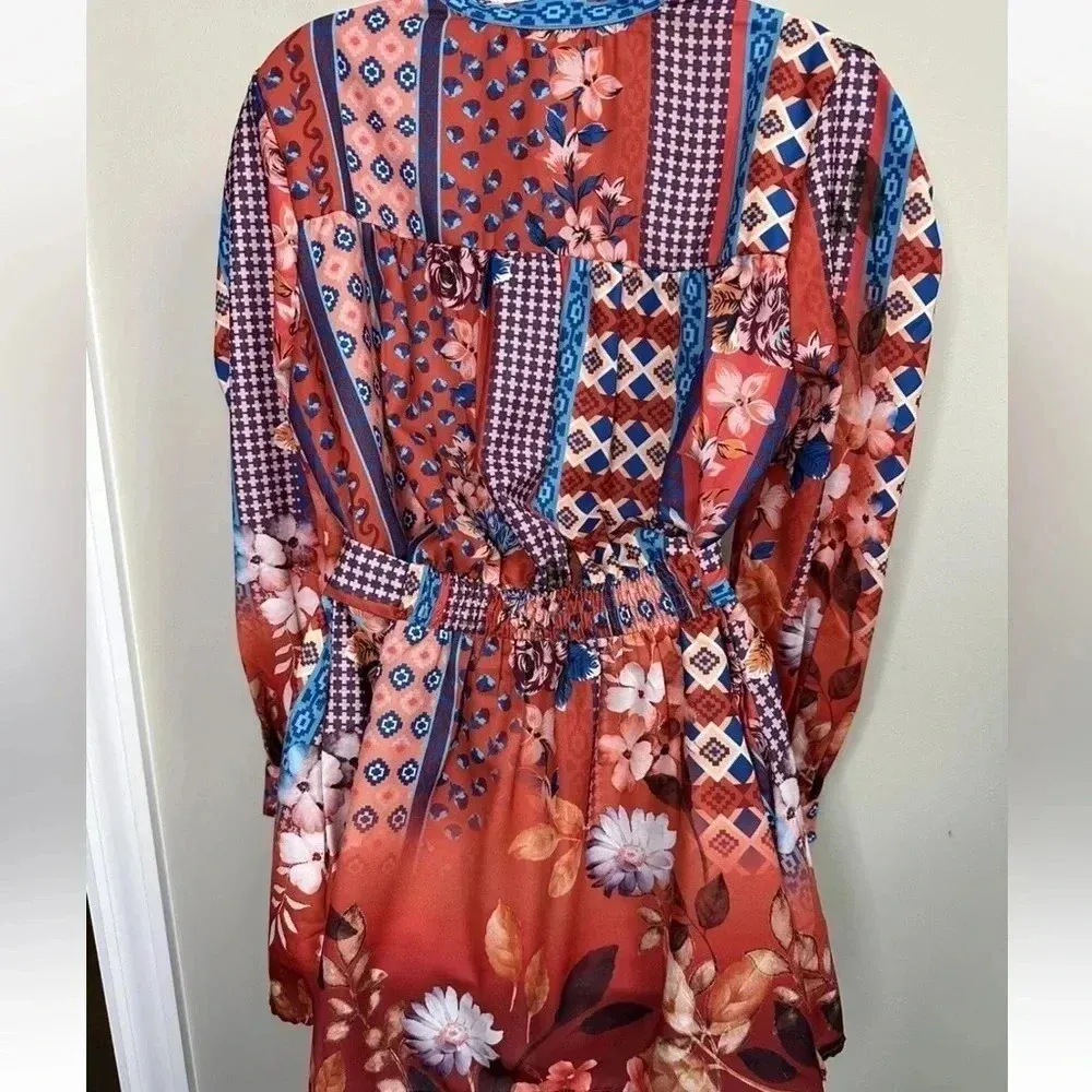 Tolani Collection Long-Sleeve Tunic Blouse with Tie Rust Bohemian Floral Size XS - Image 7