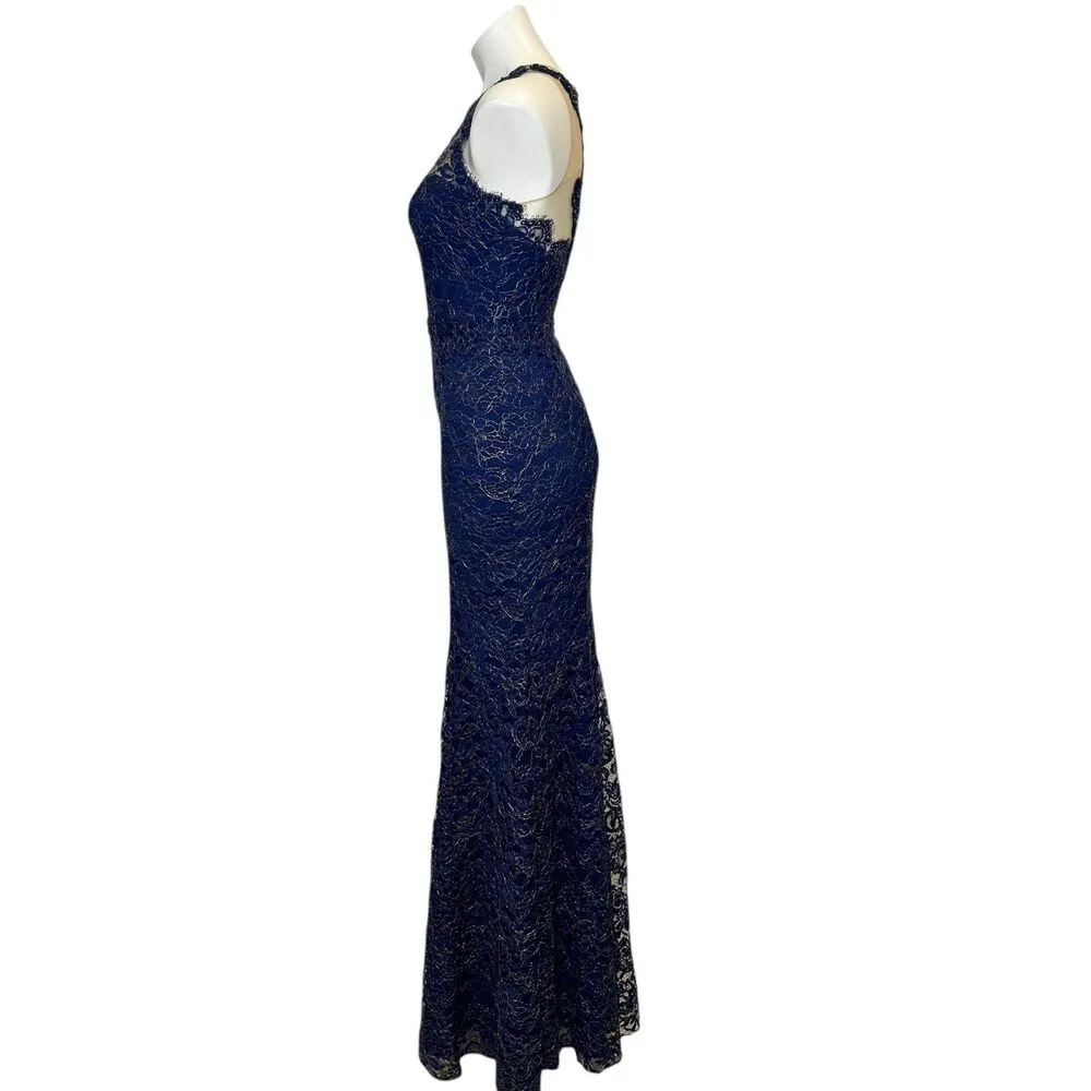 MARCHESA NOTTE Navy Blue Metallic Lace Dress size 0 XS Formal Gown Wedding - Image 10