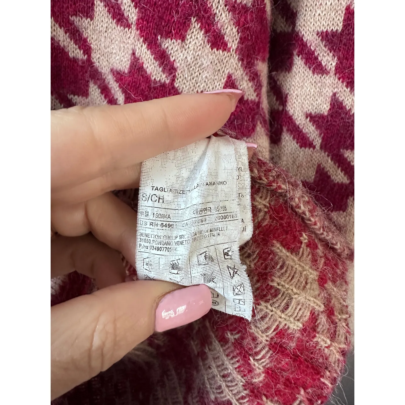 United Colors of Benetton Red White Houndstooth Wool Alpaca Crewneck Sweater - Image 4