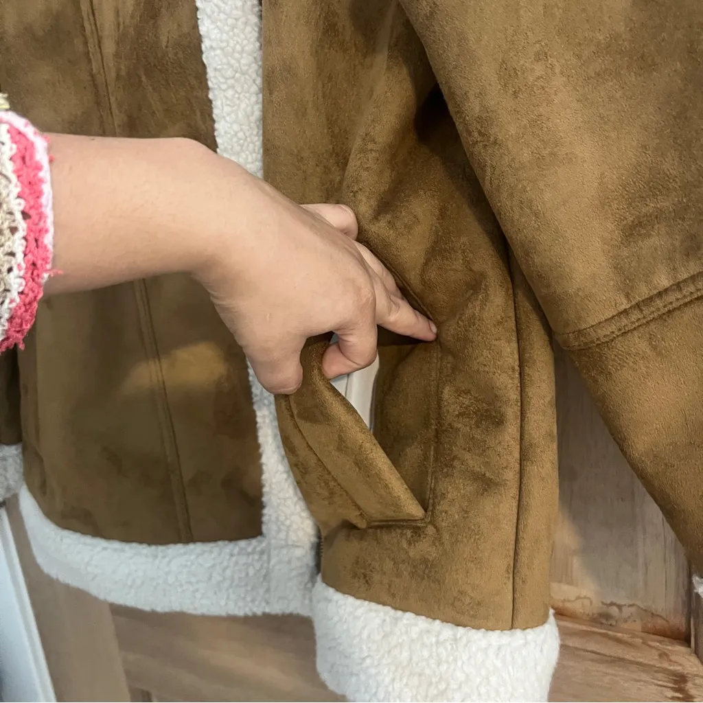 Old Navy‎ Jacket Women's L Tan White Faux Suede Sherpa Lined - Image 3