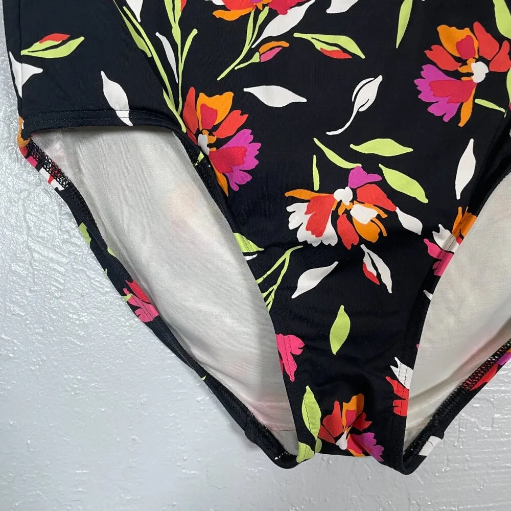 Lands End Women 10 Black Floral High Waisted Swim Bikini Bottoms Lined Stretch - Image 2