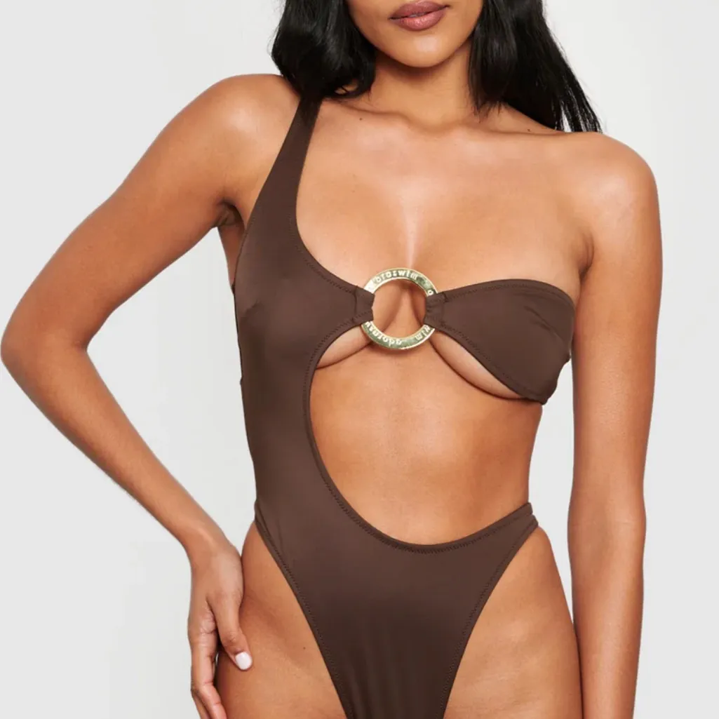Adoraswim one piece swimsuit brown o ring gold cutout cheeky high leg - Image 9
