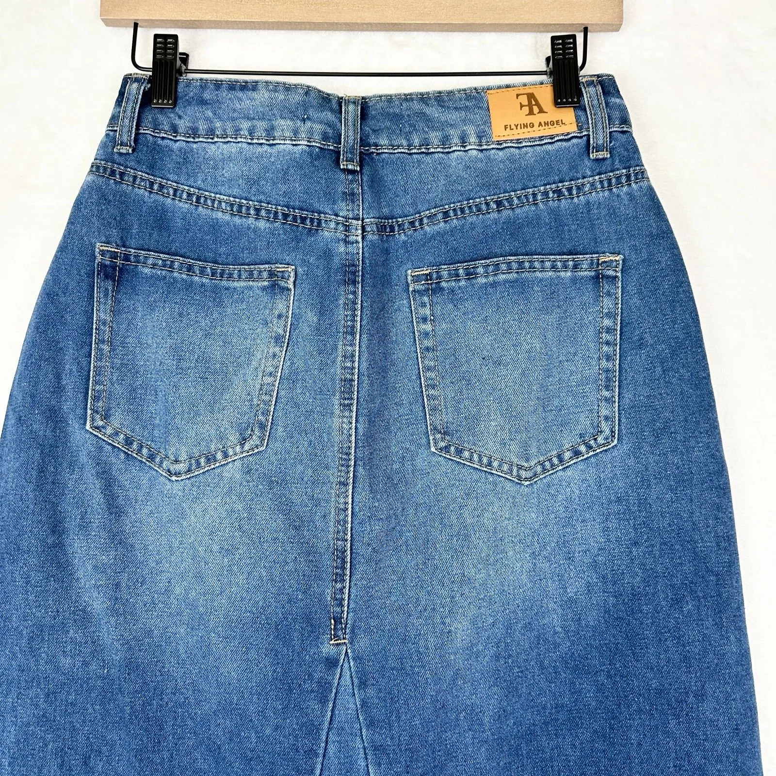 Flying Angel Slit Denim Maxi Skirt Size 27 Y2K Western Boho Stretch Medium Wash Blue - Image 4