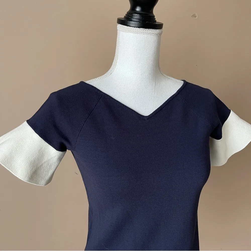 ANN TAYLOR | Navy Blue Bell Short Sleeve Stretchy Blouse Sz SP - Image 3