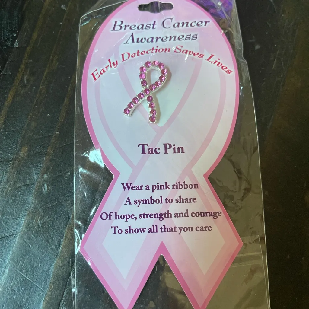 Breast Cancer Awareness Silver Tone Pink Crystal Ribbon Tac Pin - Image 2