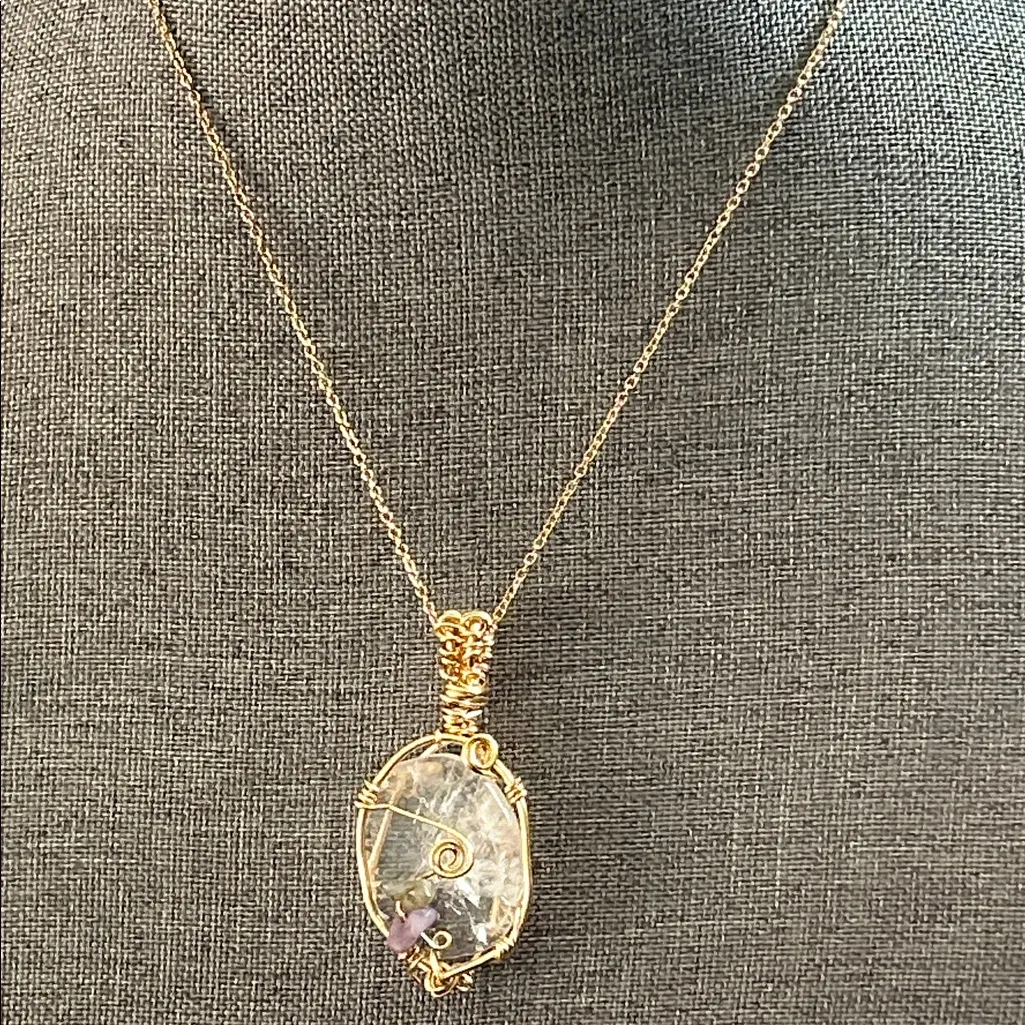 Gold Wire Wrapped Clear Quartz Crystal Pendant Necklace - Image 4
