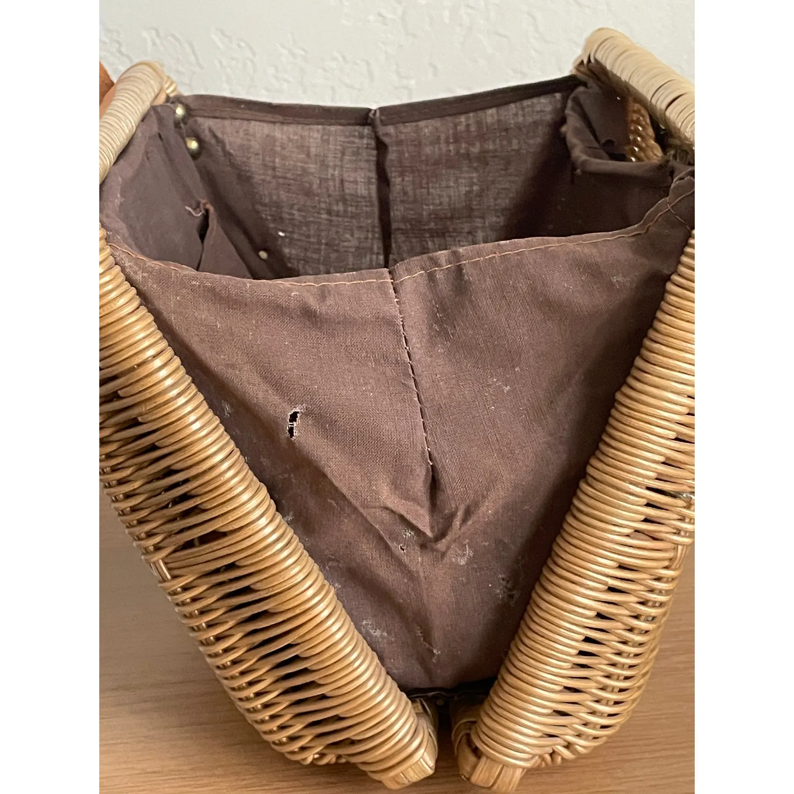 Vintage Wicker & Leather Basket Handbag – Mid Century Artisan Purse Brown - Image 9