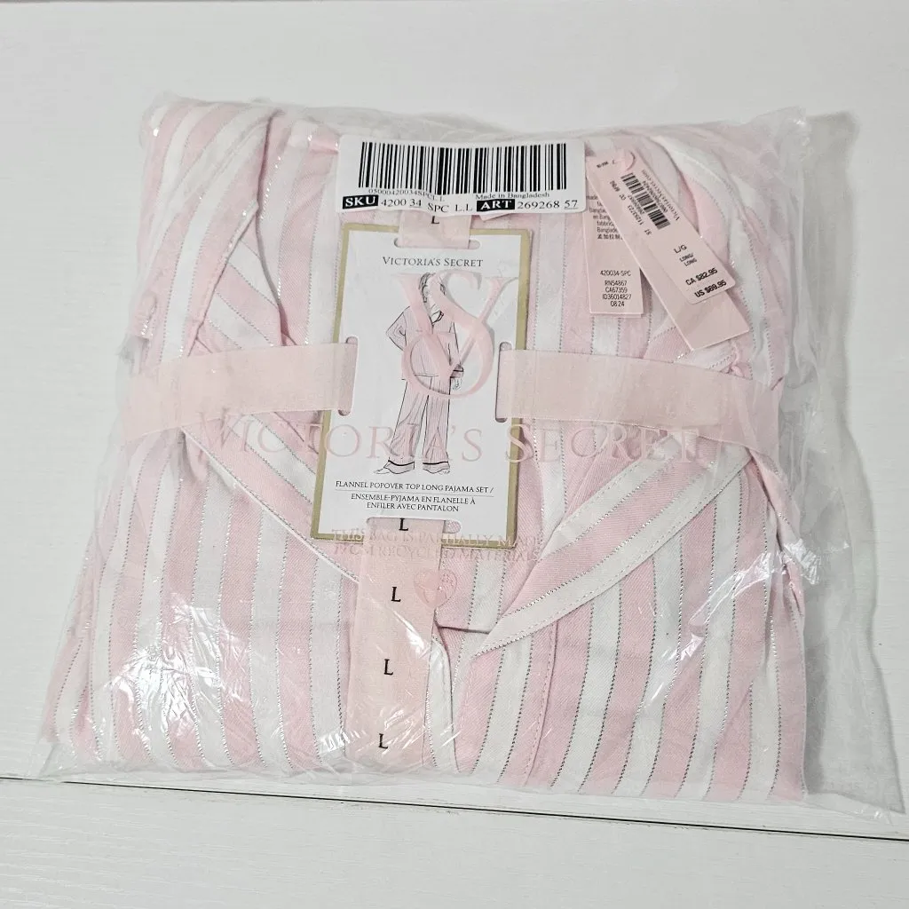 Victoria's Secret Flannel Popover Long Pajama Set-Pink & White -Size L- 26926857 - Image 3