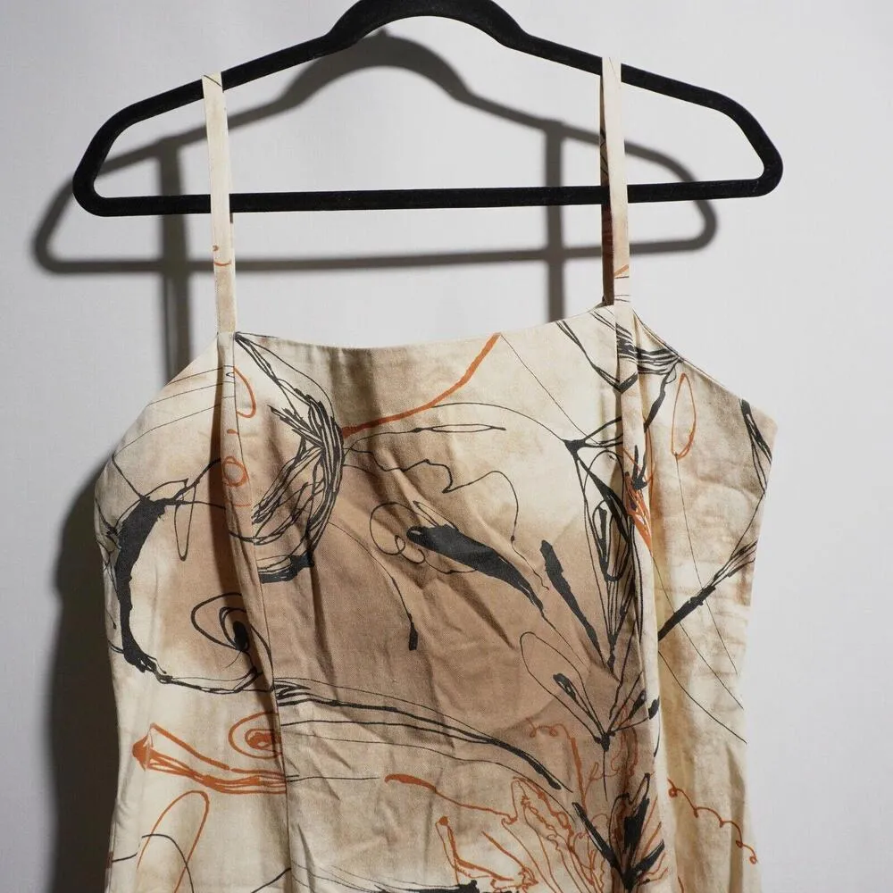 VTG 90s Tan Abstract Mini Dress Strappy Artsy Retro Georgia Netti Cotton Sz‎ 10 Brown - Image 2