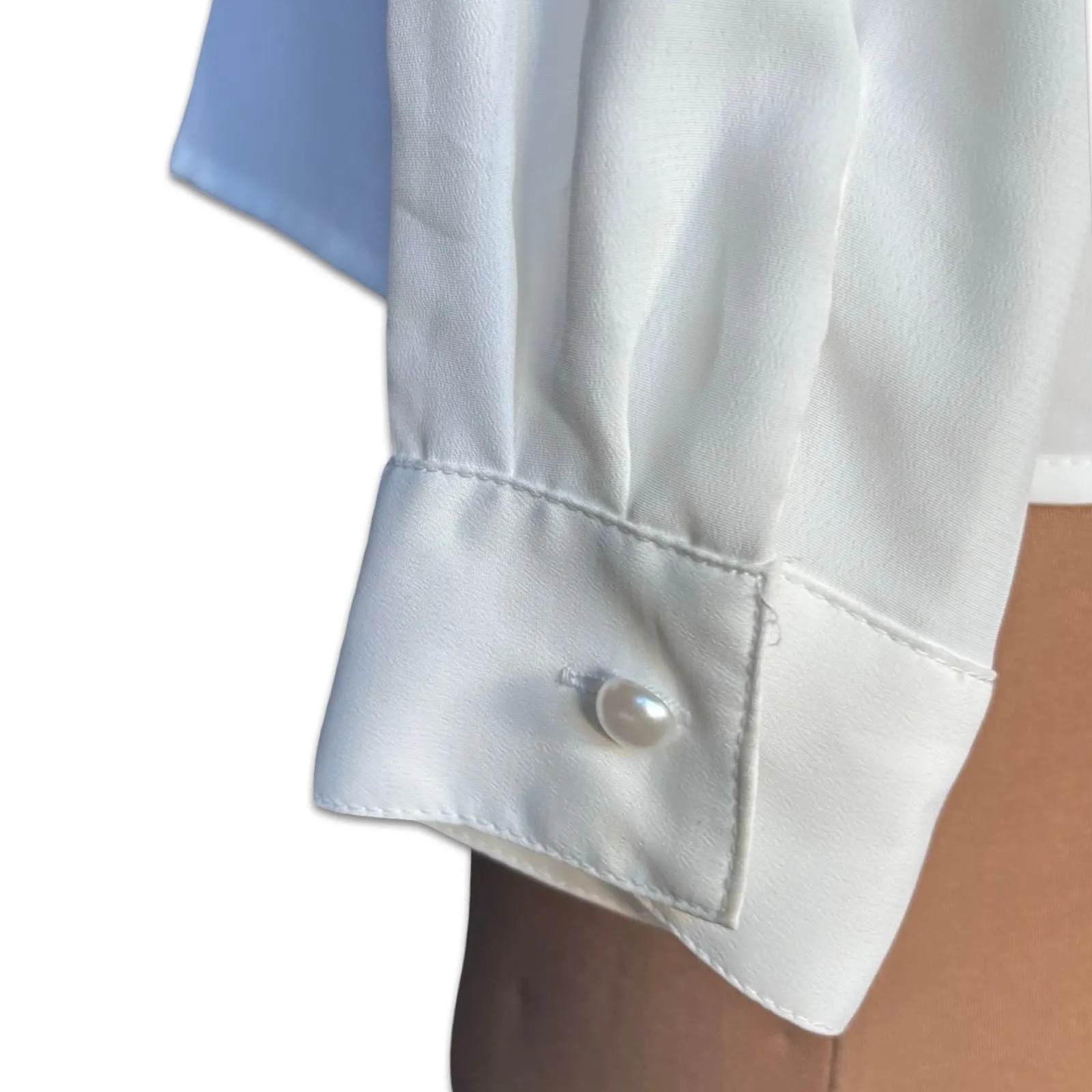 Vintage 90s White Floral Embroidered Blouse Pearl Buttons Mandarin Collar Small - Image 5