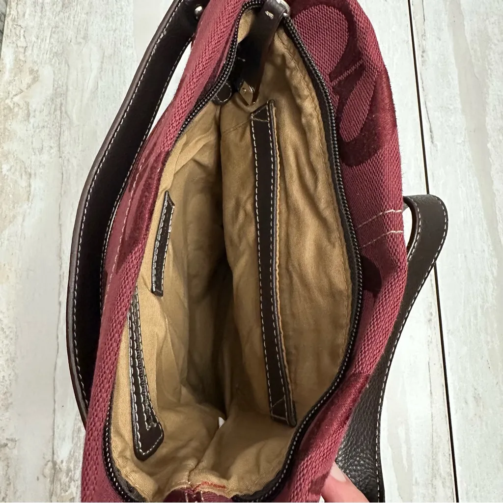 Elegant Sarah Caperelli Burgundy Crossbody Bag Dark Brown Trim Silver Hardware Red - Image 14