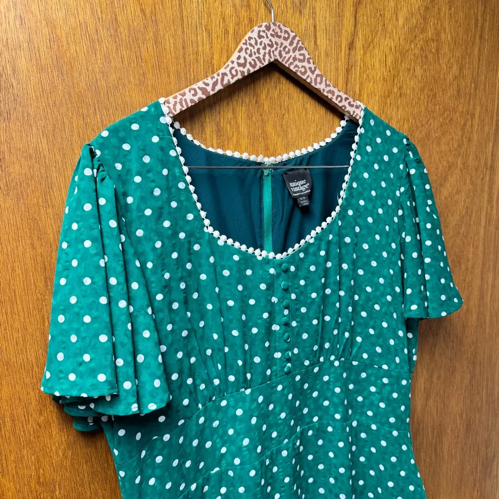 Unique Vintage Polka Dot Godet Short Sleeve Midi Dress Retro Green XL 14 - Image 9