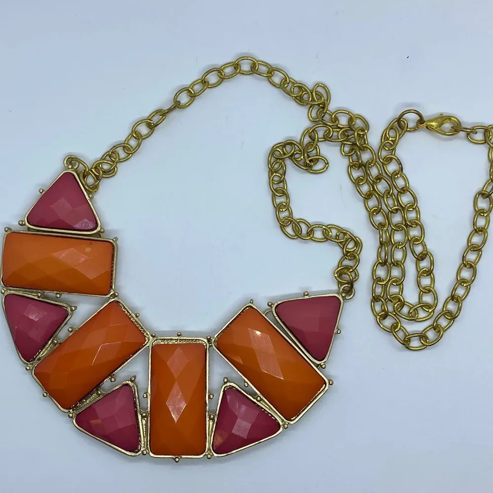 Gold-Tone Pink Orange Pendant Statement Necklace - Image 5