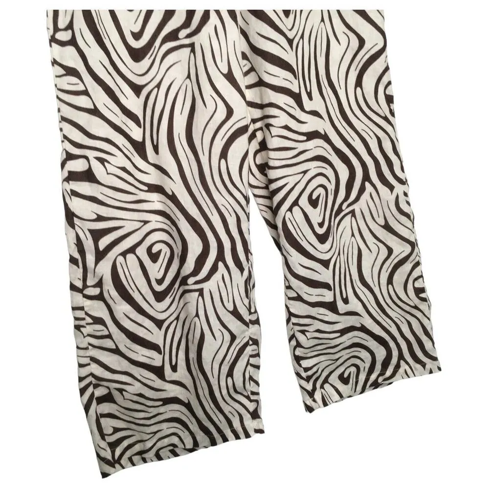 Tahari Pants Womens S Linen Cropped Wide Leg Geometric Beachy Cream Brown - Image 10