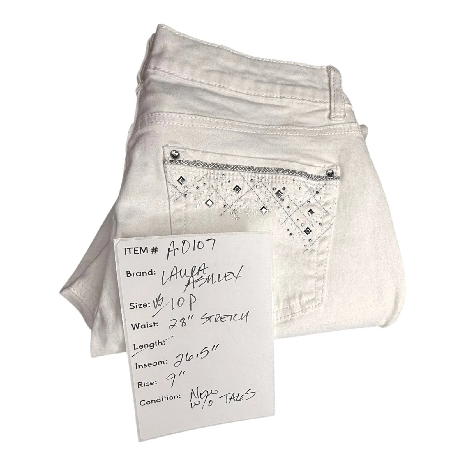 Laura Ashley WHITE JEANS Womens 10P Silver Stud Pocket Straight Leg Denim Cotton - Image 9