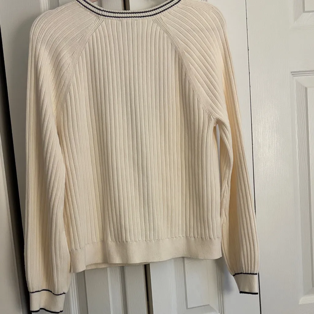 Talbots V-Neck Pearl Button Cardigan – Cream with Black Tipping, Size M, NWT - Image 6