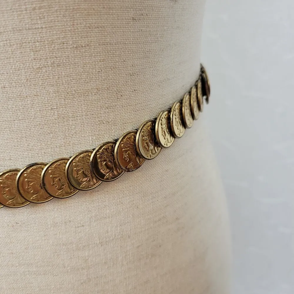 Vintage Gold Tone Embossed Metal Disc Coins Elastic Waist Belt Disco Glam - Image 7