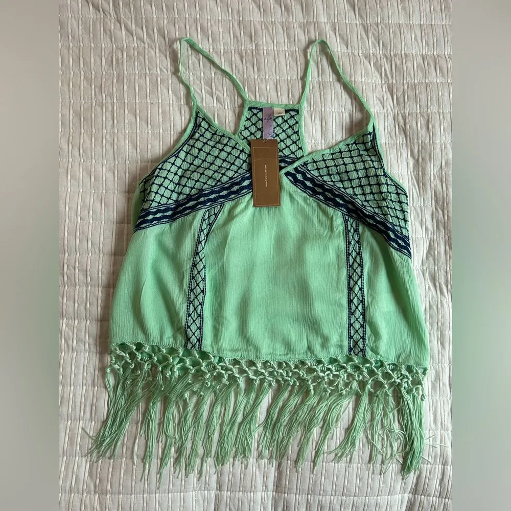 Francesca’s mint spaghetti strap embroidered boho summer tank with tassels SM Green - Image 3