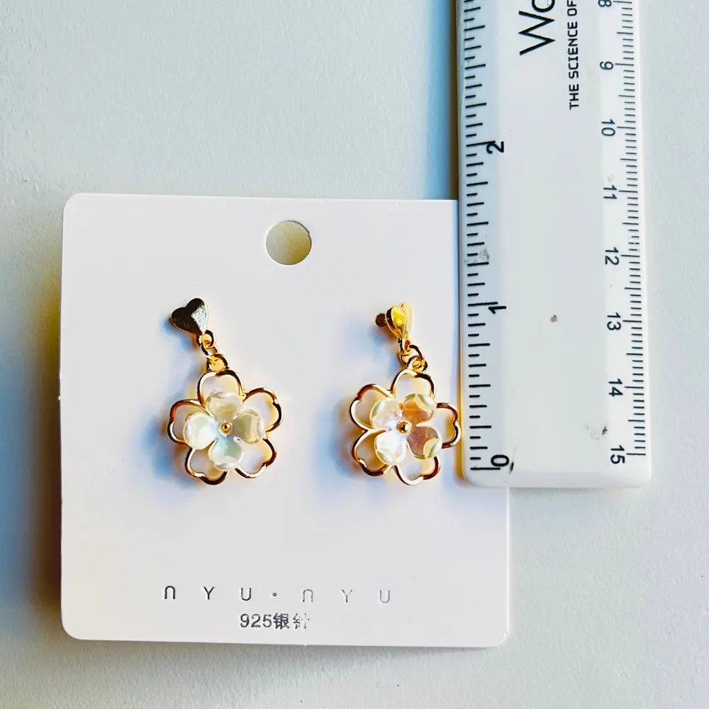 Delicate Gold Floral Earrings with Iridescent Petals Dainty Heart Top 925 Silver - Image 3