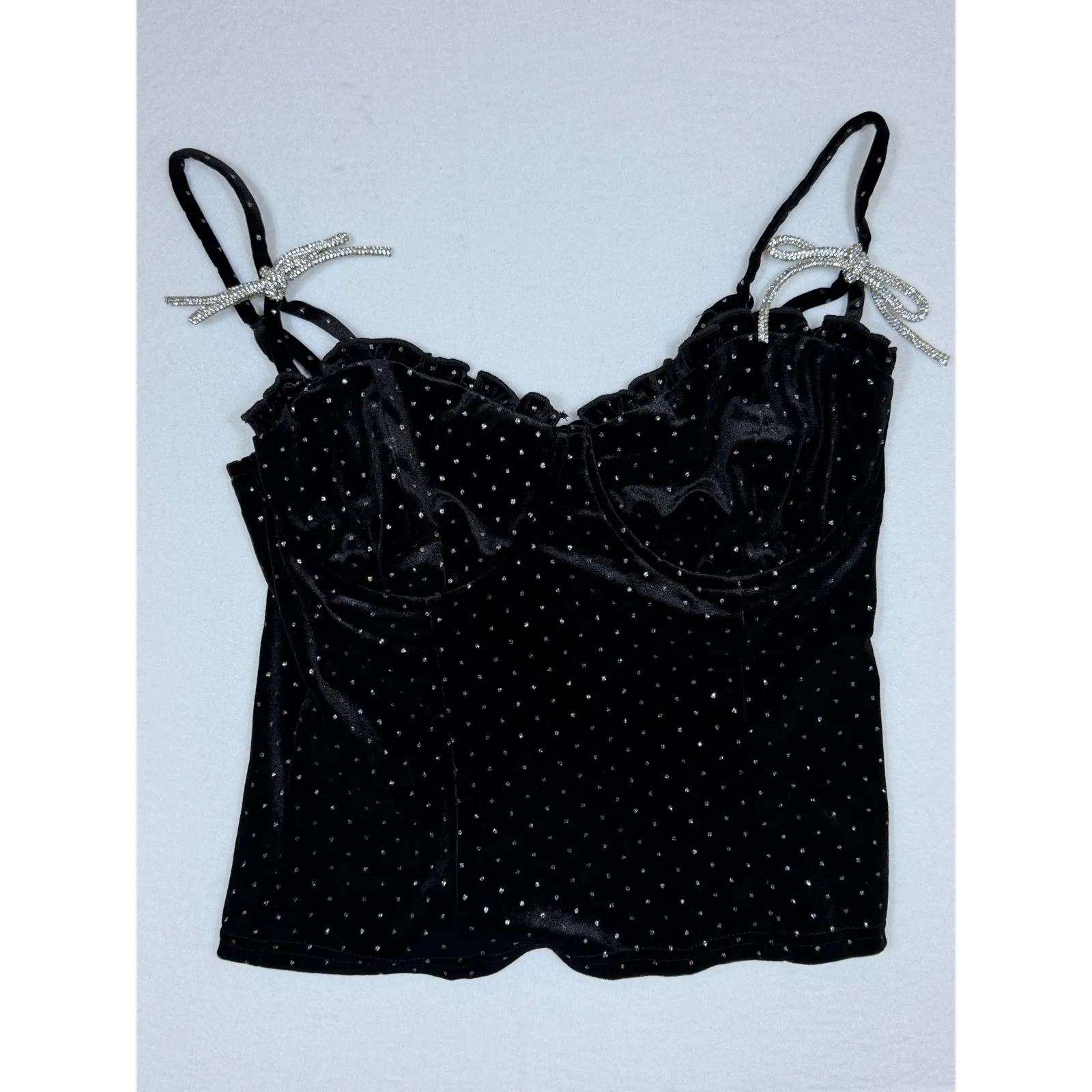 Lulus Black Velvet Rhinestone Bow Bustier Top Sparkle Polka Dot Corset Style LG - Image 2