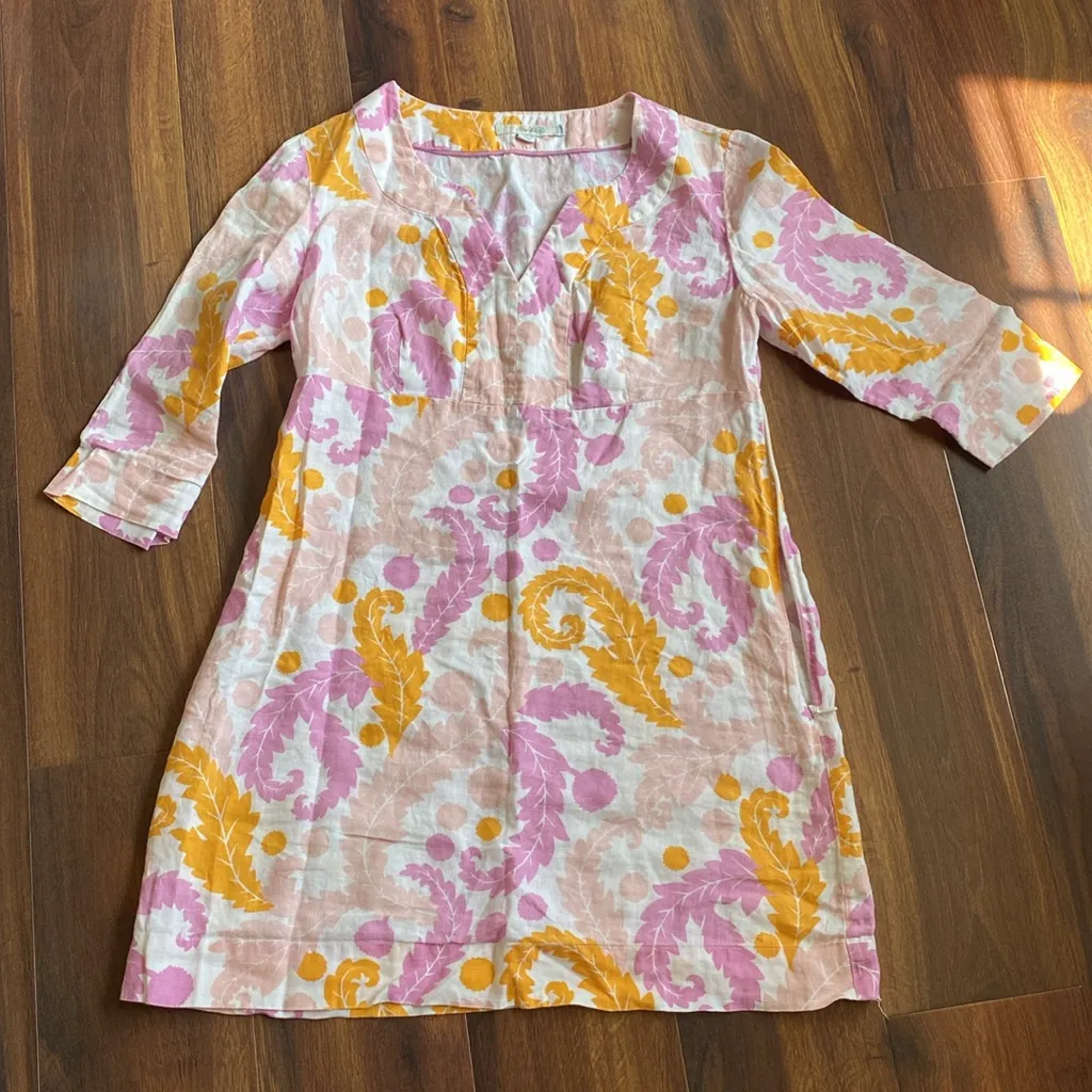 Boden 100% Linen Floral 3/4 Sleeve Shift Dress Side Zipper *Hole* Size 8P - Image 6