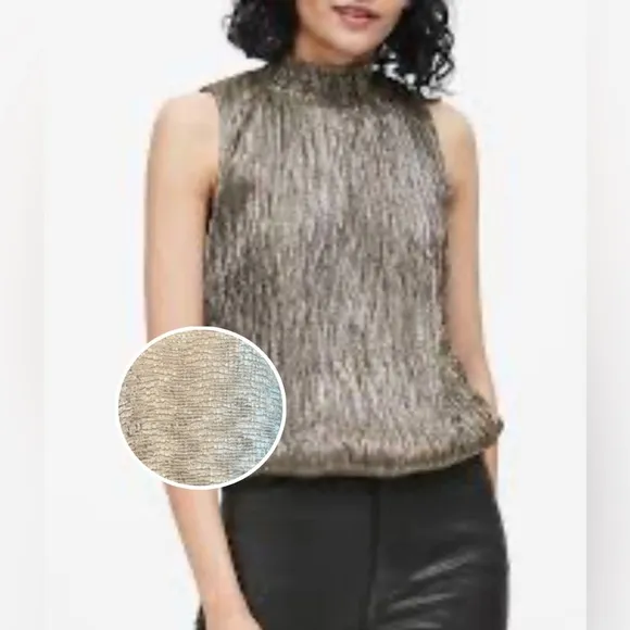 Plisse Sleeveless Gold Mock Neck Crinkle Fabric Sleeveless Top/Tank/Shell large. - Image 2