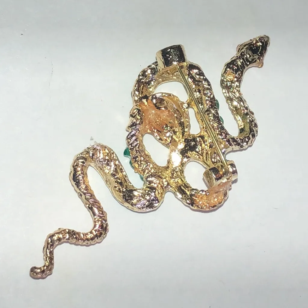 Gold Tone and Green Boho Snake Brooch - Image 4