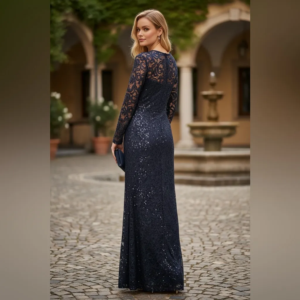 NWT Marina Sequin Lace Long Sleeve Gown Navy Blue S - Image 3