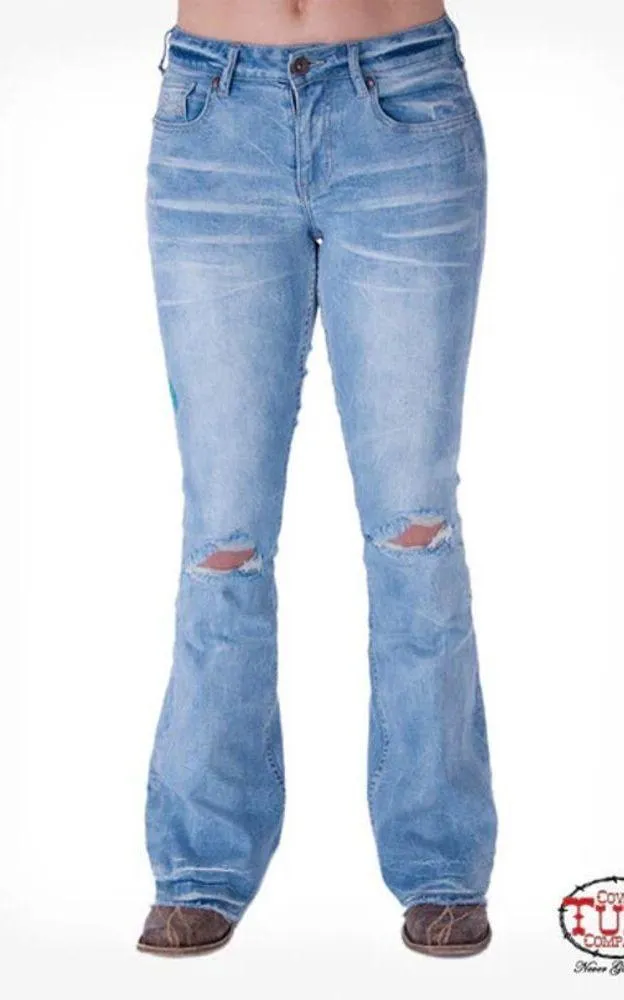 Cowgirl Tuff Festival Trouser Flare Jeans Wide Leg Raw Hem Distressed Womens 27 Blue - Image 2