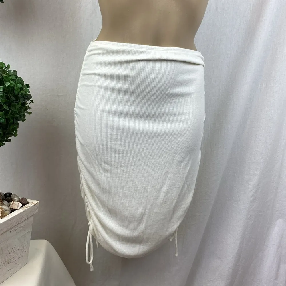 Princess Polly Cream Nothing More Ribbed Side Ruched Multi Length Skirt NEW - Image 3