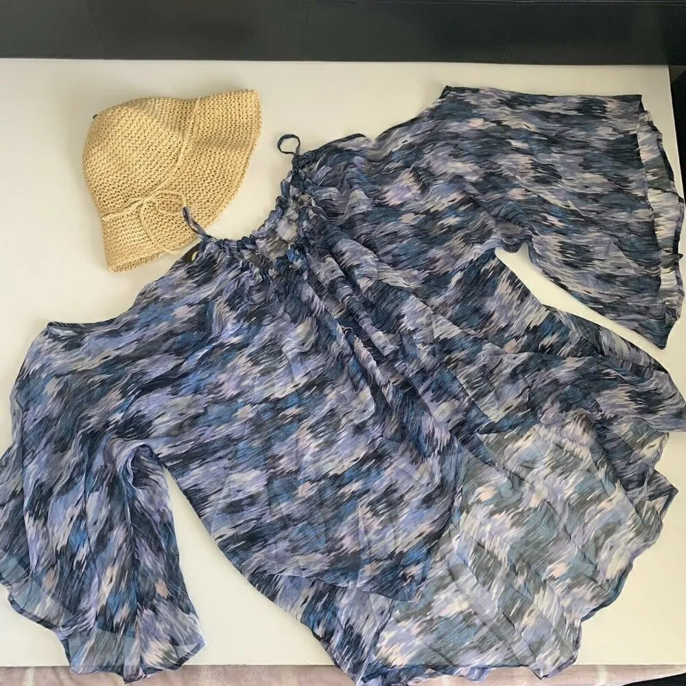 Planet Blue swim Cover Up flowy dress ONE SIZE Cold Shoulder blue purple - Image 5