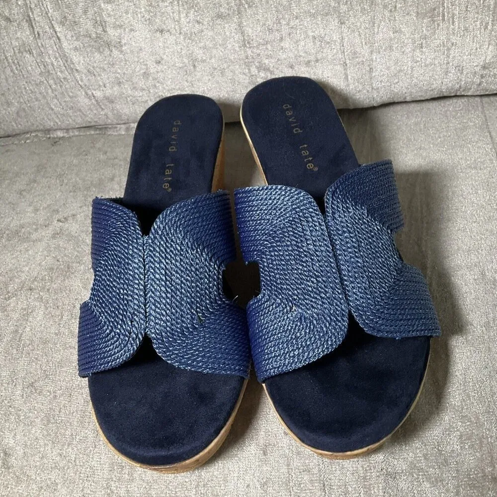 David Tate Vibe Wedge Heeled Sandals Navy Blue Rayon Sz 9.5 WIDE Vacation Comfy - Image 3