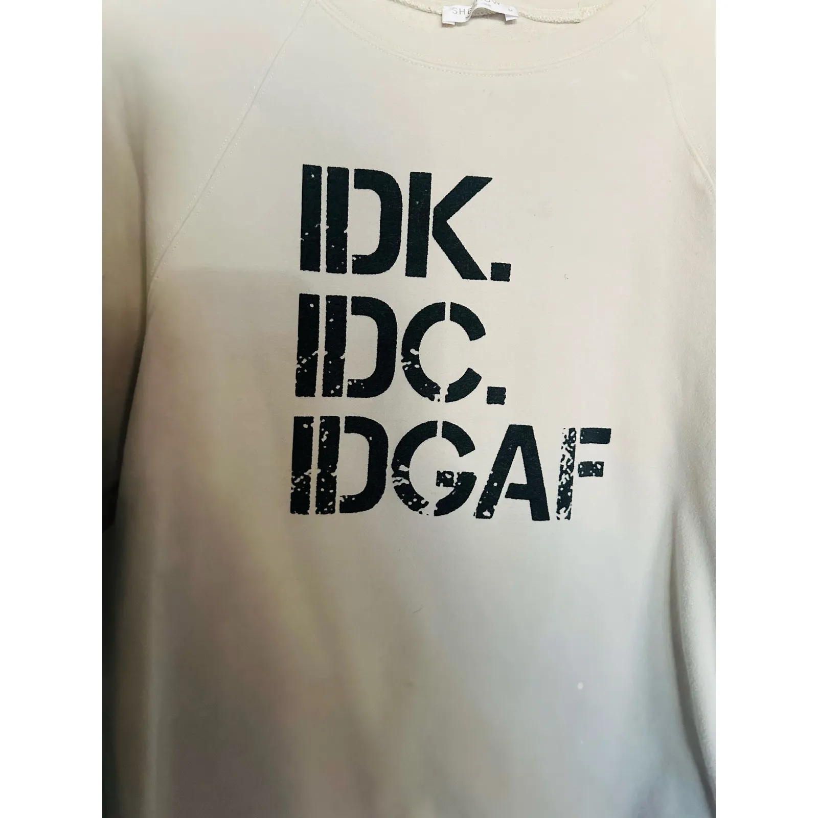 SHESHOW Cream White Black IDK IDC IDGAF Block Letters Long Sleeve Sweatshirt M - Image 10