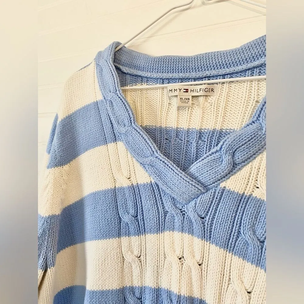 Vintage 90’s Y2K Tommy Hilfiger Striped Chunky Cable Knit Sweater - Image 2