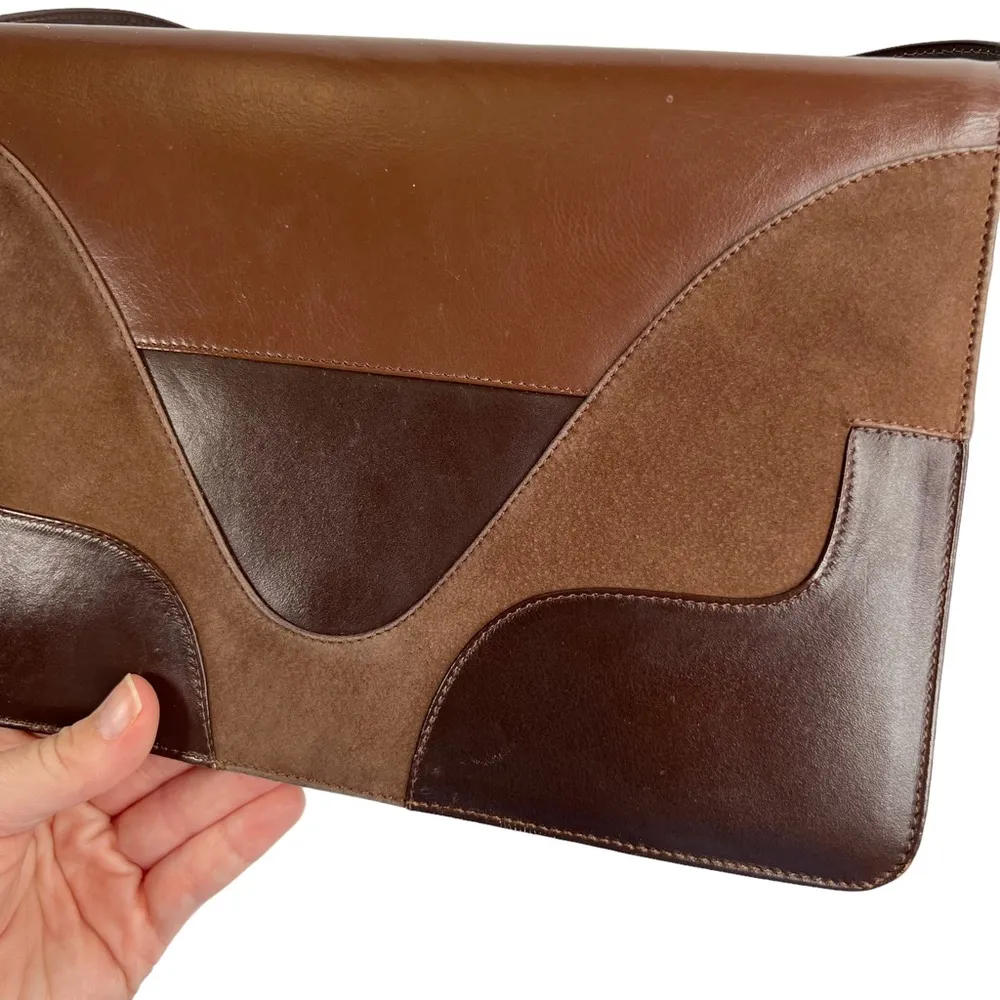 Brown Faux Leather & Suede Patchwork Front Shoulder Purse - Image 3
