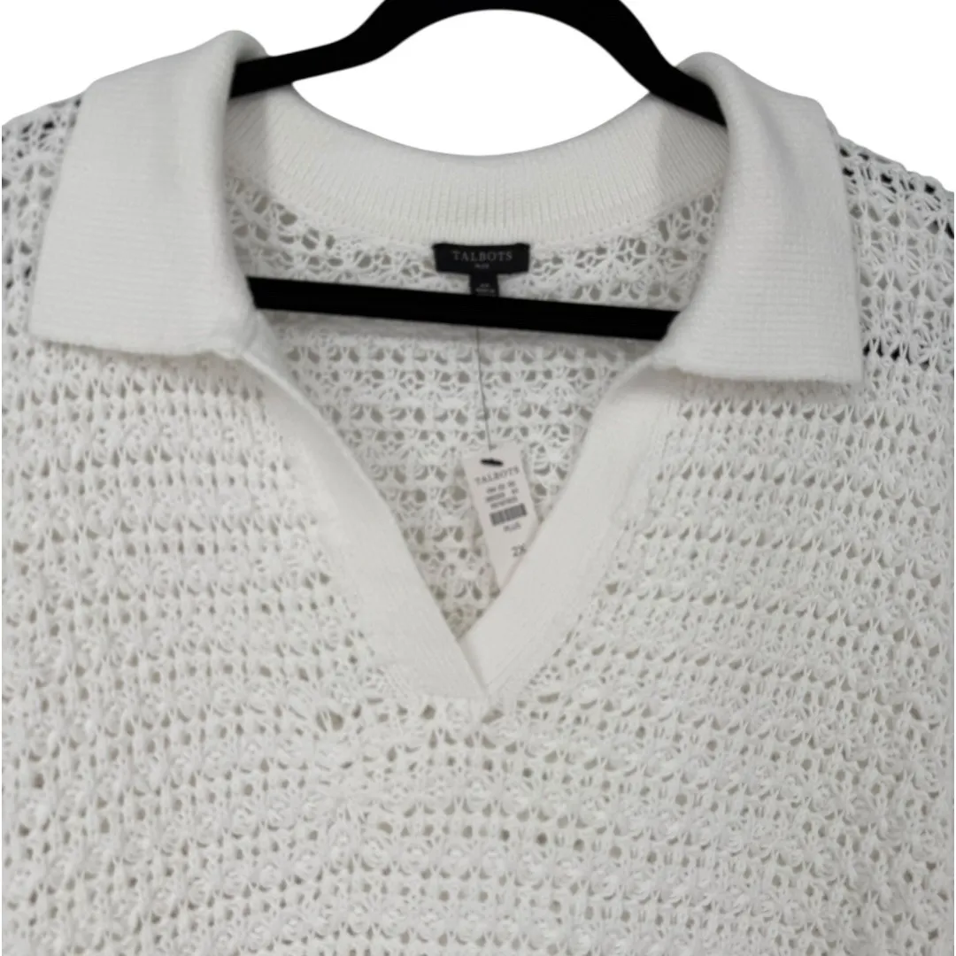 NWT Talbots Open Stitch‎ Johnny Collar Pullover Crochet Knit Sweater White Sz 2X - Image 6