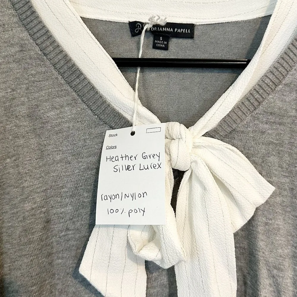 NWT Adrianna Papell Heather Gray Silver Lurex Sweater Faux Button Up Bow Detail - Image 4
