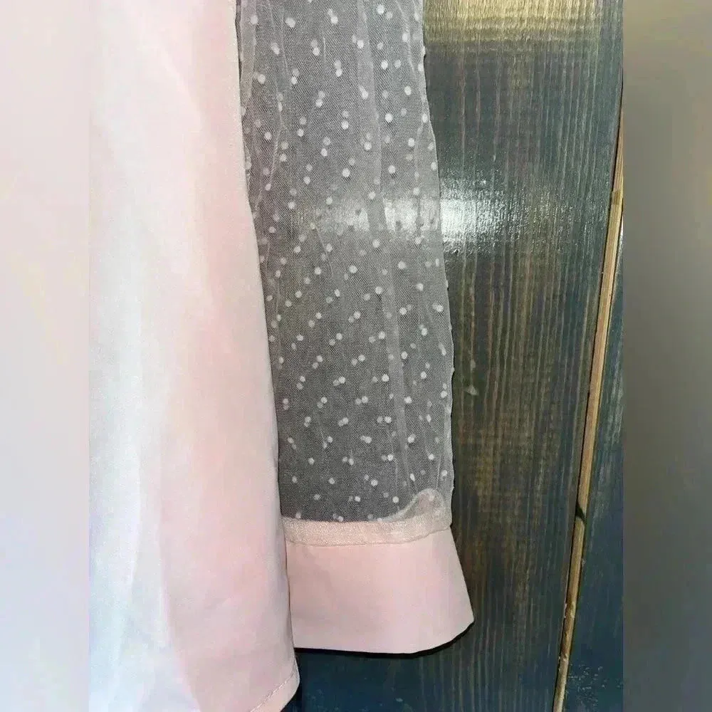 SHEIN Elegant Blush Pink Bow Blouse with Mesh Dot Sleeves‎ - Romantic Top A68 - Image 5
