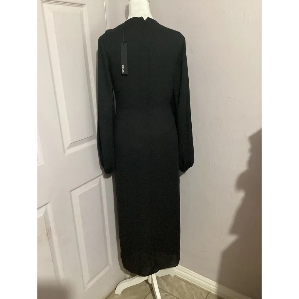 Krisa Long Sleeve Deep V Neck MIDI Black Dress - Image 5