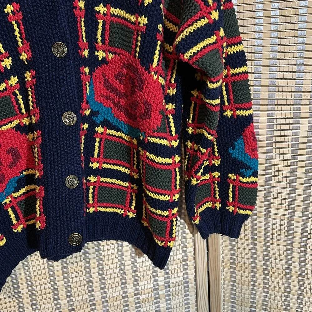 Vintage 1990s Black Chunky Knit Cardigan Square Large Floral Print Roses No Tags Blue Size undefined - Image 7