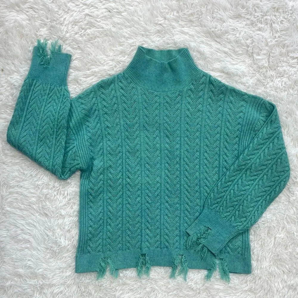BKE Distressed Turtleneck Drop Shoulder Sweater Size Large Marled Teal Knit - Image 9
