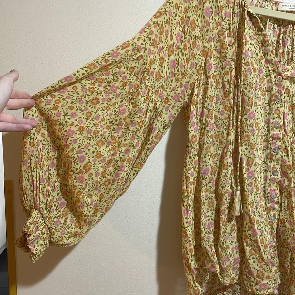 Spell & the Gypsy Collective Rae Floral Tassel Blouse Yellow Size Small Boho - Image 10