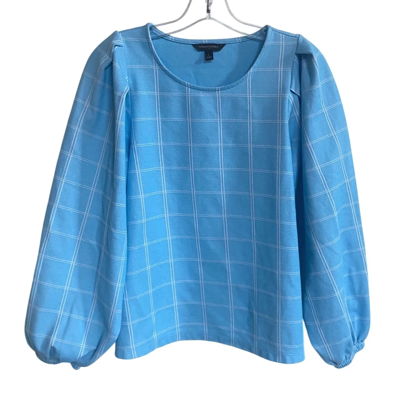 Blue Plaid Puff Sleeve Crew Neck Top Banana Republic Women's Size L EUC - Image 3