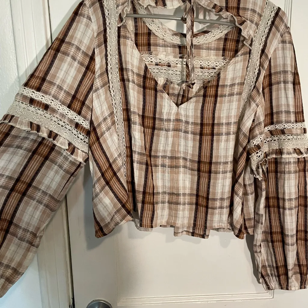 American Eagle Outfitters Brown Plaid Lace Blouse - Image 8
