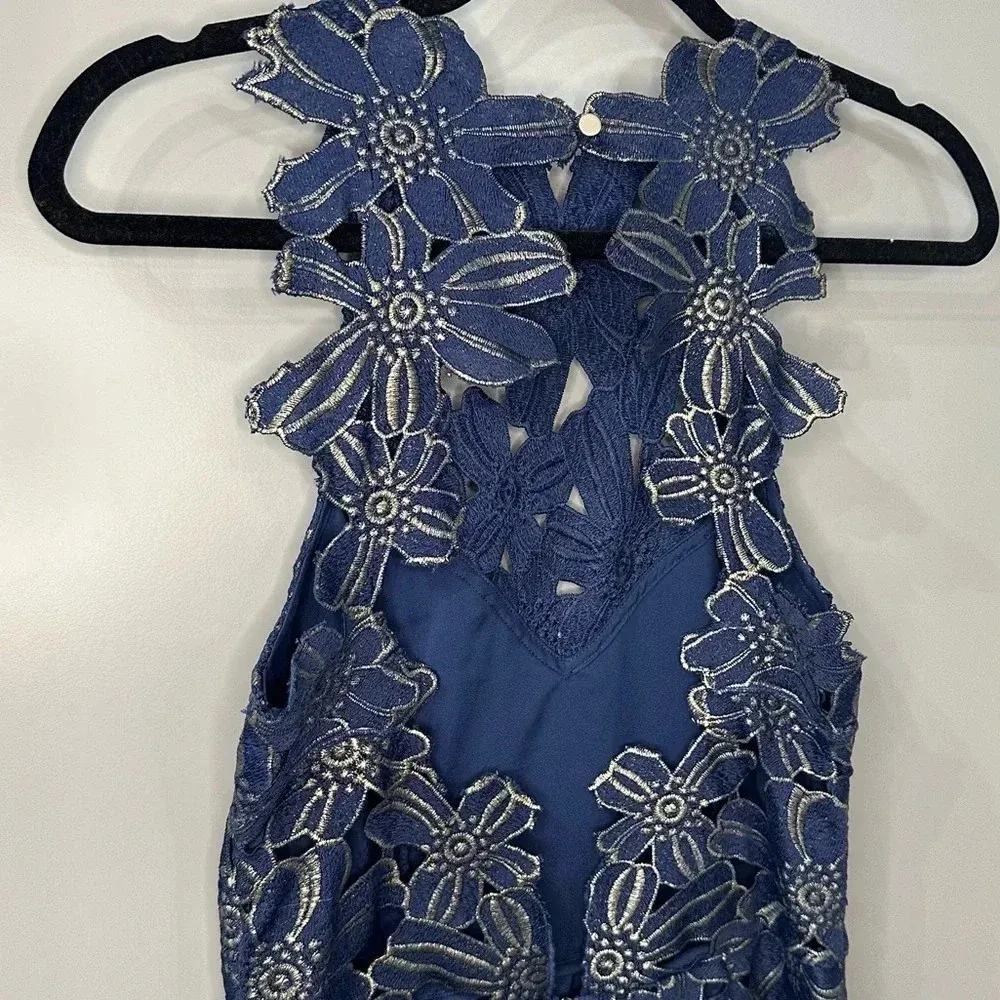SAYLOR Revolve Dress Navy Blue Gold Floral Lace High Neck Mini Dress Sz M - Image 11