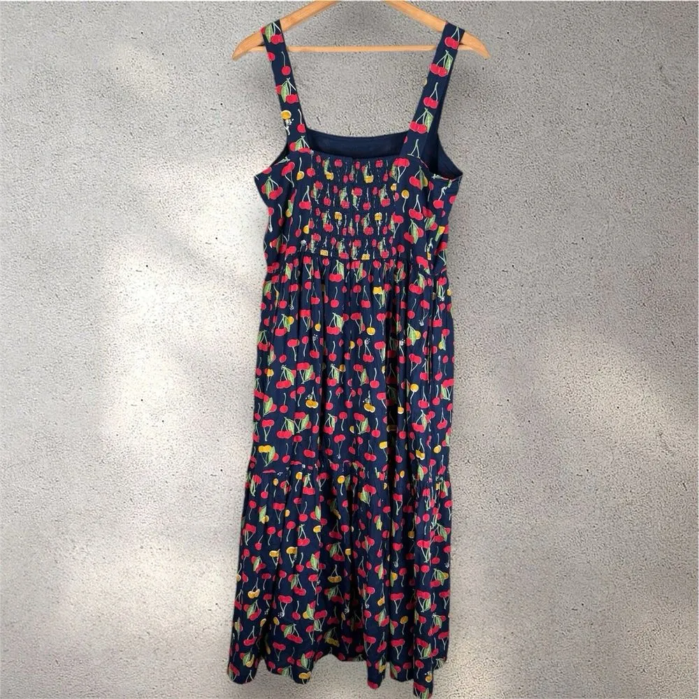 Pink‎ Chicken Sierra Dress Blue Cherries Cherry Poplin Tiered Midi Sz L Size L - Image 4