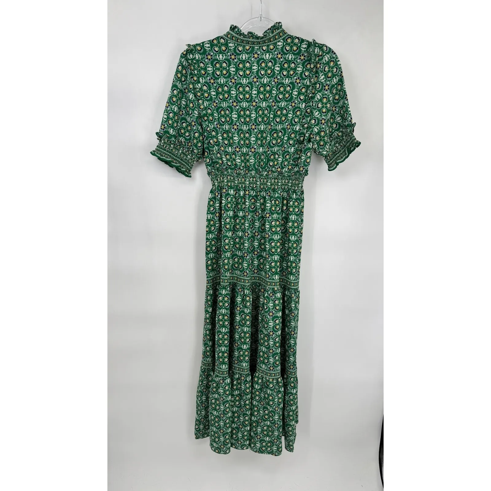 MAX STUDIO Green Floral Tiered Maxi Dress Medium Ruffled Neck Smocked Waist - Image 9