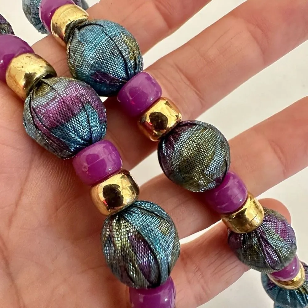 Blue purple and gold ribbon beaded necklace - Image 4