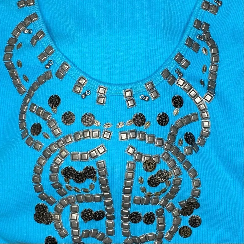 Pretty Turquoise Stretch Cotton Tank Top with Gunmetal Embellishment Size XL - Image 5