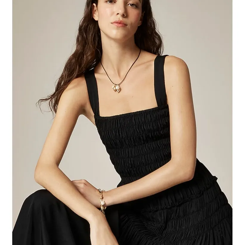 J CREW Smocked Drop Waist Silky Midi Dress Black XXS NWT Clean Girl Chic Vaca - Image 2